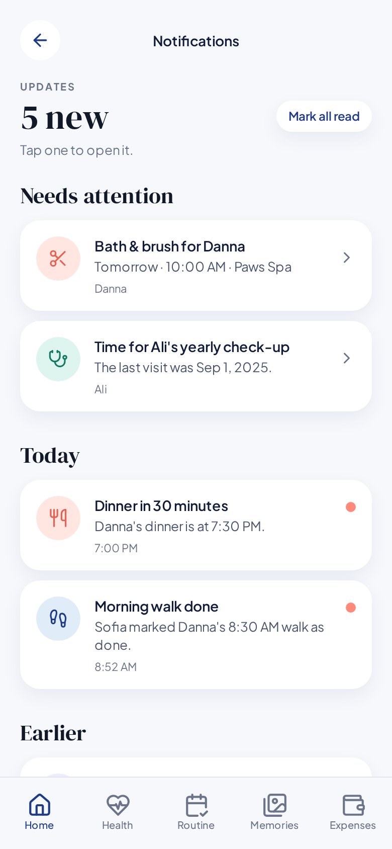 Pawen notifications with reminders for Danna